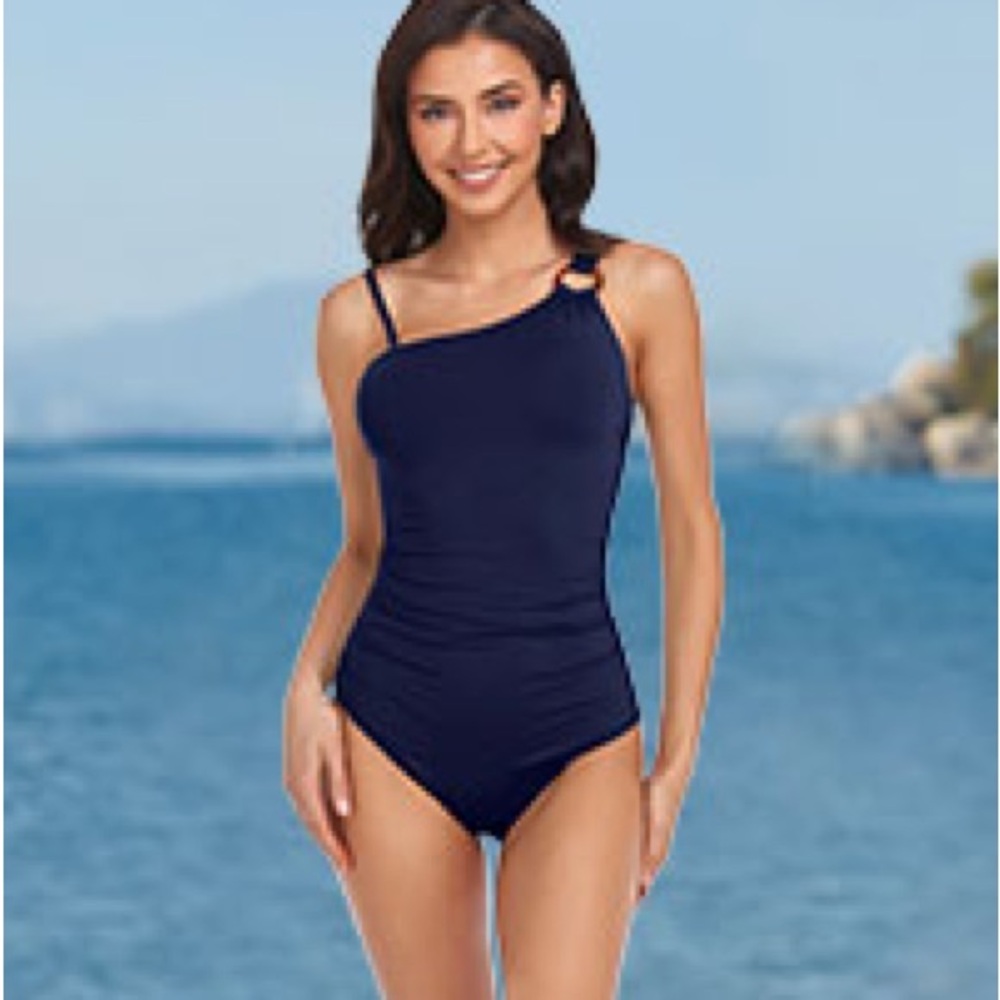 Chic Navy One-Shoulder Women's Swim One Piece